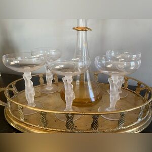 Set of 5 Rare Bayel 'Bacchante' frosted nude stem champagne coupe glasses.